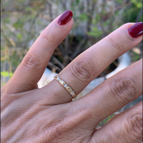 14k Gold dainty Wedding Band Stackable CZ Ring - Picture 3 of 8